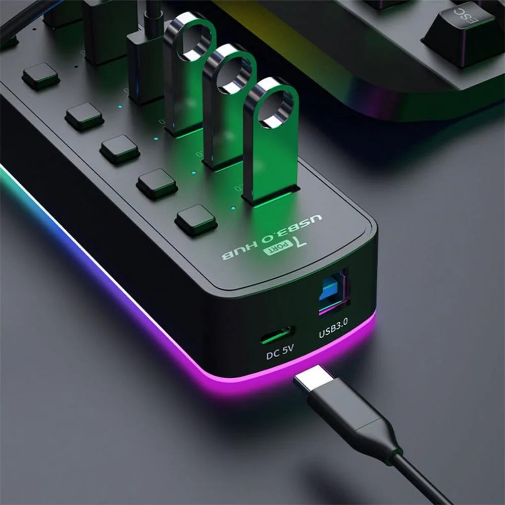 U307 7-Port USB 3.0 Hub Splitter with Individual Switches and 14 RGB Lighting Modes for Computer TV - 7