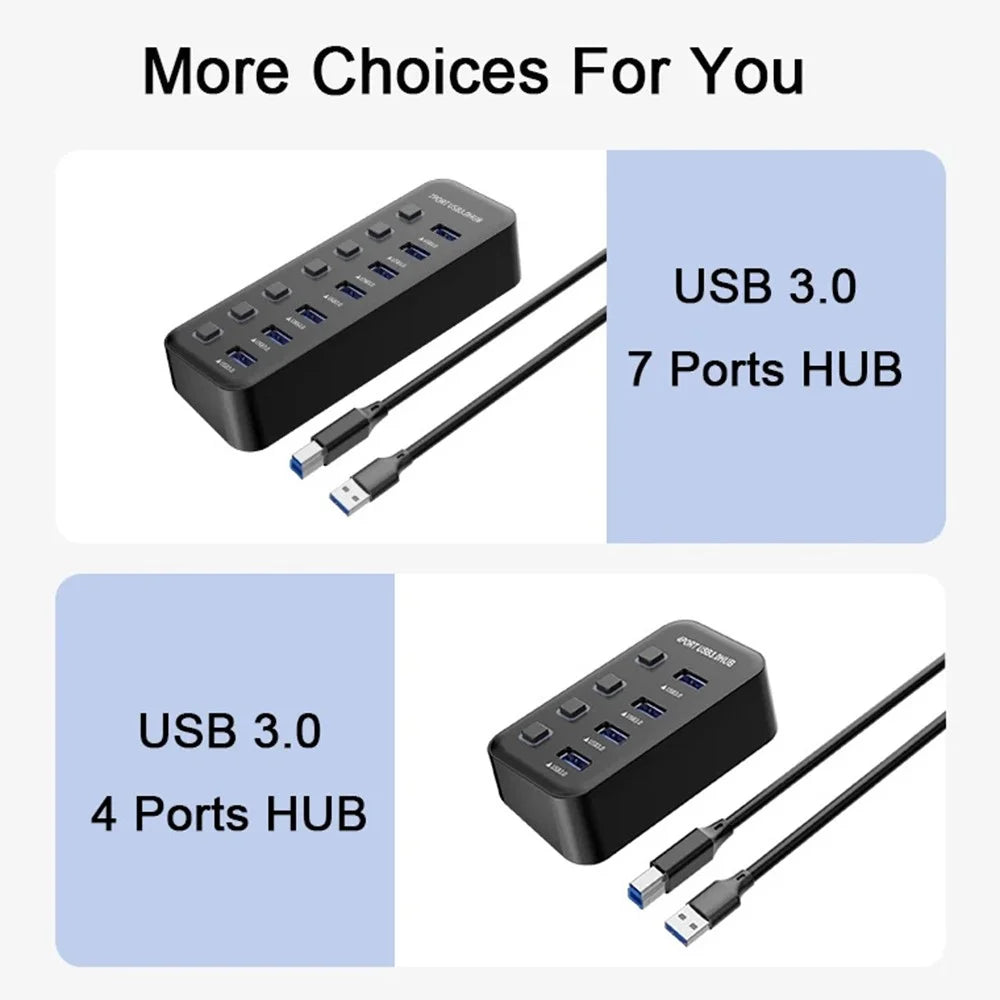 U307 7-Port USB 3.0 Hub Splitter without LED Lights with Individual On / Off Switches for PC  /  Smart TV - 5