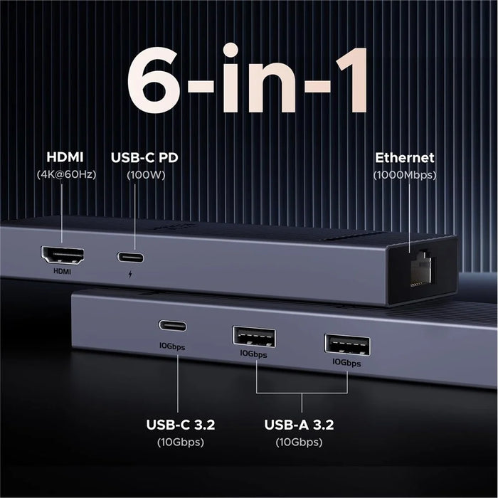 UGREEN 45364 6-in-1 USB-C Hub Gigabit Ethernet 4K 60Hz HD 100W PD Charging 10Gbps Data Transfer Adapter - 7
