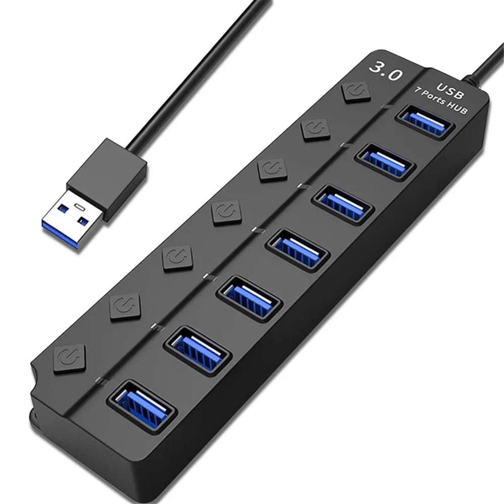 USB3.0 7-Port Hub High Speed Data Transfer Expansion Dock with Individual Switches for Laptop Desktop PC - 1