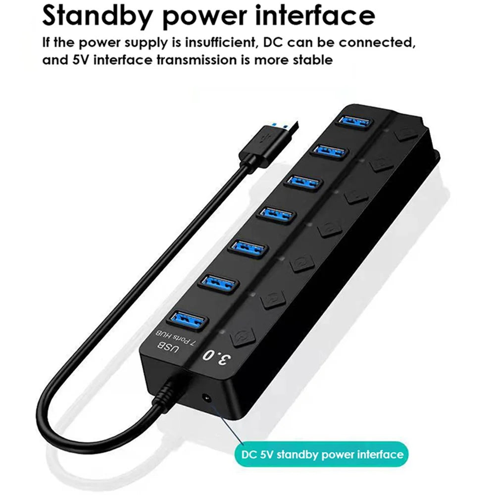 USB3.0 7-Port Hub High Speed Data Transfer Expansion Dock with Individual Switches for Laptop Desktop PC - 2