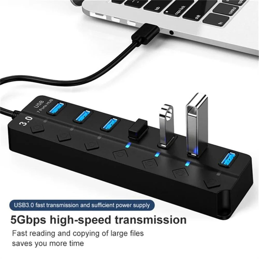 USB3.0 7-Port Hub High Speed Data Transfer Expansion Dock with Individual Switches for Laptop Desktop PC - 4