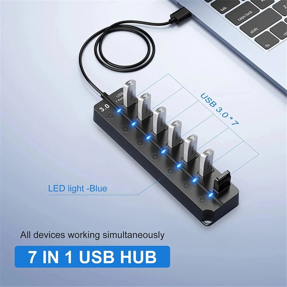 USB3.0 7-Port Hub High Speed Data Transfer Expansion Dock with Individual Switches for Laptop Desktop PC - 5