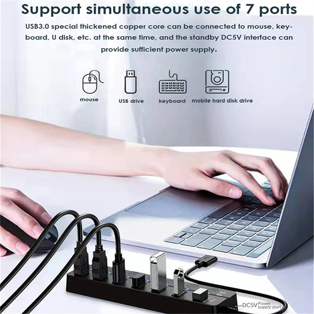 USB3.0 7-Port Hub High Speed Data Transfer Expansion Dock with Individual Switches for Laptop Desktop PC - 6