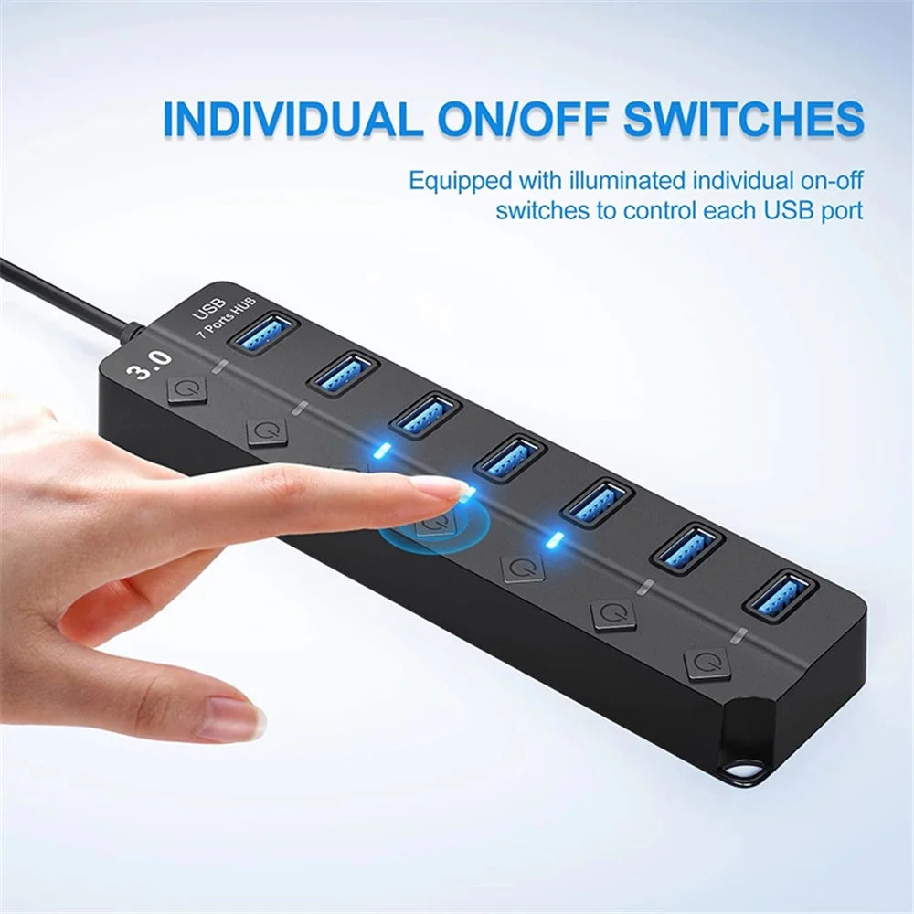 USB3.0 7-Port Hub High Speed Data Transfer Expansion Dock with Individual Switches for Laptop Desktop PC - 7