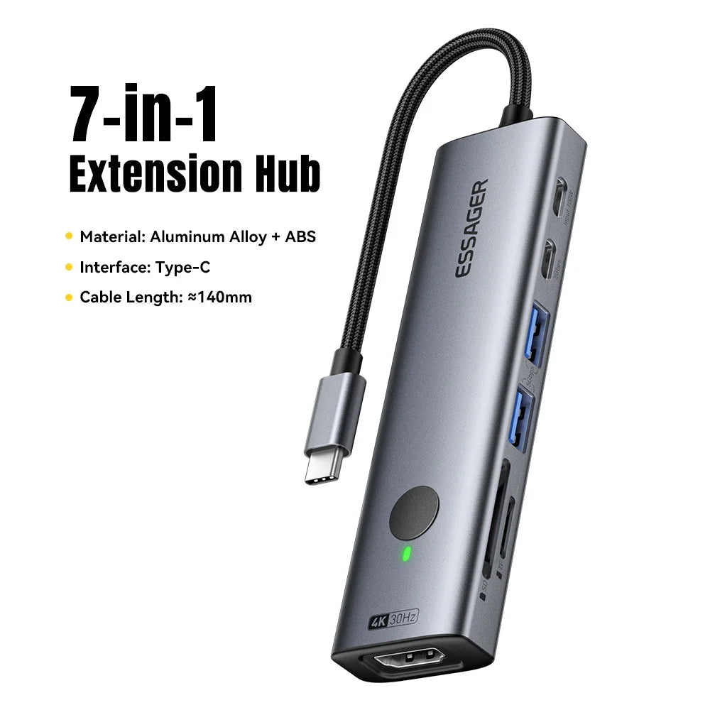 ESSAGER 7 In 1 Expansion Hub with 4K 30Hz HD / Type C / USB 3.0 / SD TF Card Slot Docking Station - 2