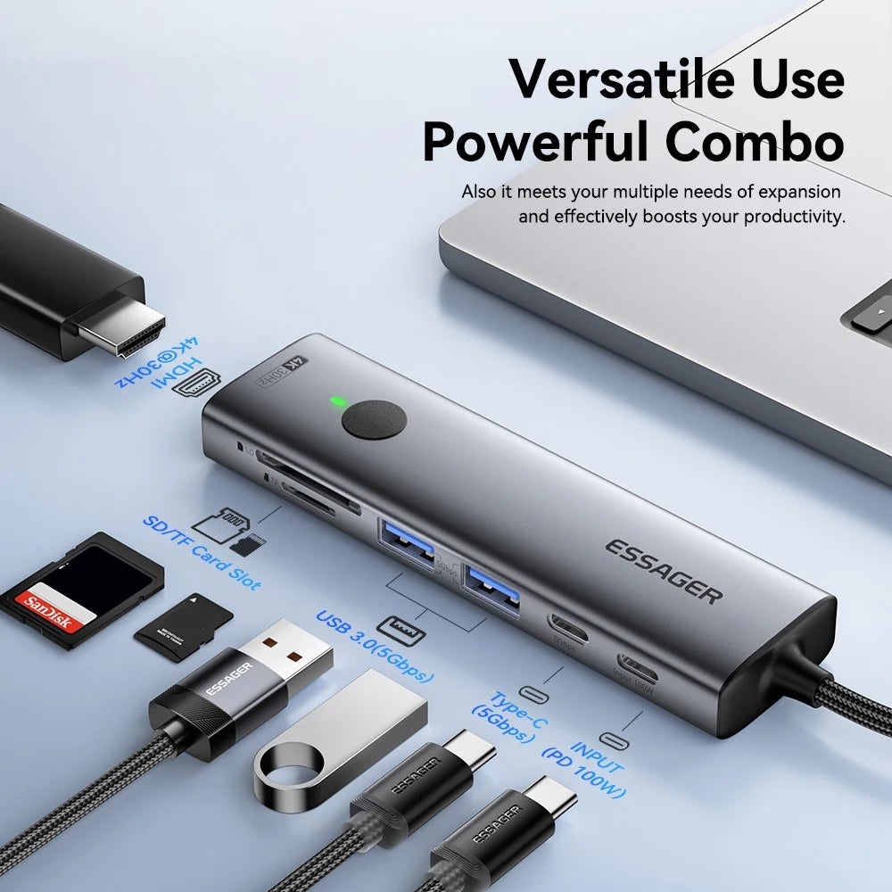ESSAGER 7 In 1 Expansion Hub with 4K 30Hz HD / Type C / USB 3.0 / SD TF Card Slot Docking Station - 4