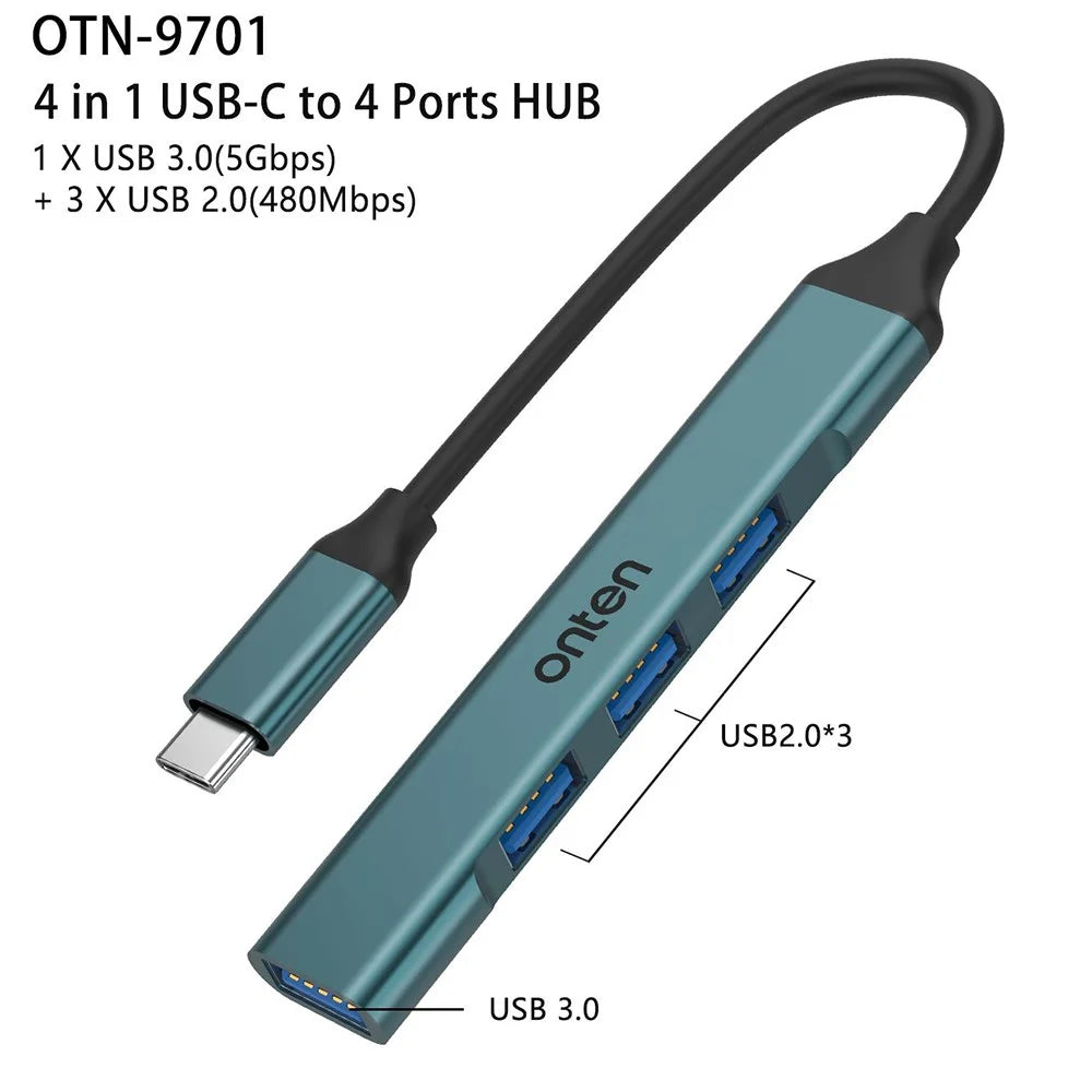 ONTEN OTN-9701 Portable Hub Type-C 3.0 to USB 3.0 + 3xUSB 2.0 Aluminum Alloy Adapter - 4