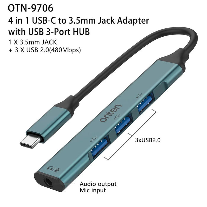 ONTEN OTN-9706 USB-C Hub 3 x USB 2.0 + 3.5mm Audio Adapter Converter - 4