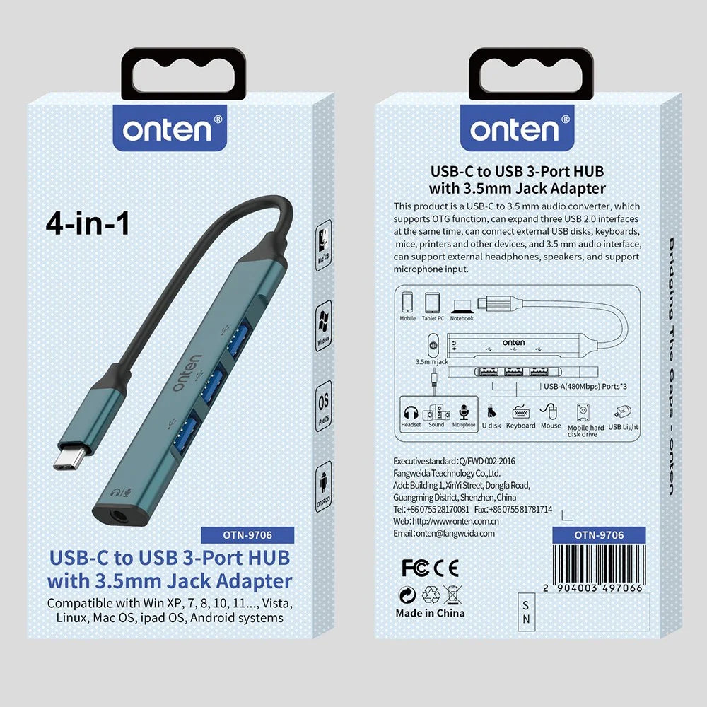 ONTEN OTN-9706 USB-C Hub 3 x USB 2.0 + 3.5mm Audio Adapter Converter - 7