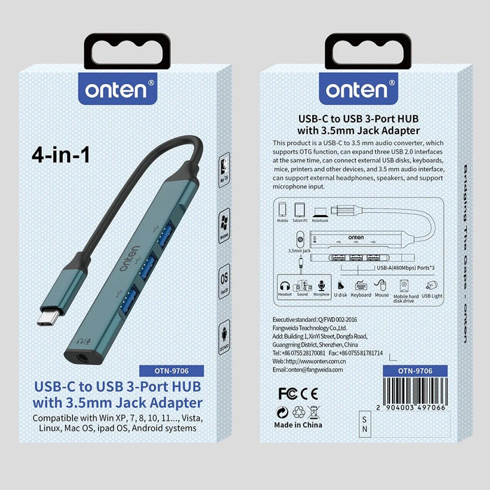 ONTEN OTN-9706 USB-C Hub 3 x USB 2.0 + 3.5mm Audio Adapter Converter - 7