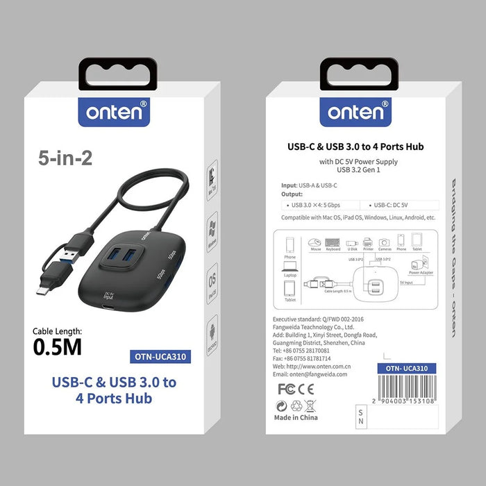 ONTEN OTN-UCA310 USB-A / USB-C to 4 x USB3.0 + USB-C Hub 5Gbps Transfer Speed Adapter - 4
