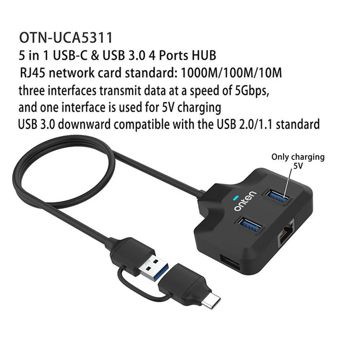 ONTEN UCA5311 USB-C / USB 3.0 Multi-Port Hub High-Speed Data Transfer Gigabit Ethernet Adapter - 3