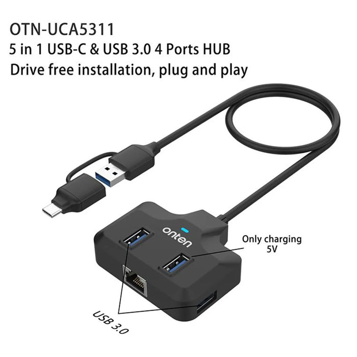 ONTEN UCA5311 USB-C / USB 3.0 Multi-Port Hub High-Speed Data Transfer Gigabit Ethernet Adapter - 5