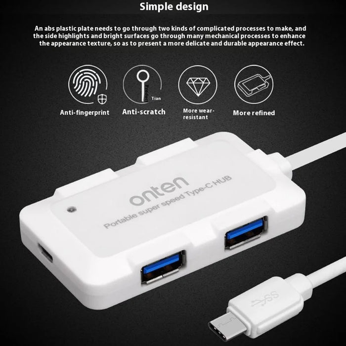 ONTEN 9102B 4 Port USB 3.0 HUB For Computer Type-C Splitter High Speed Data Transfer Adapter - White - 2
