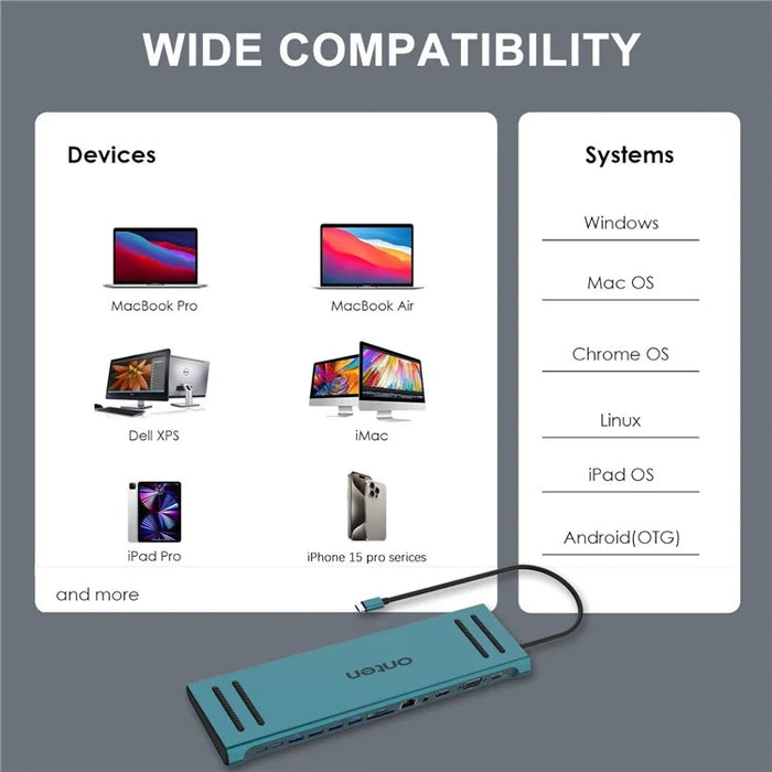 ONTEN 9199A 13 in 1 Multiport Hub Docking Station Gigabit Ethernet 4K HD USB-C PD3.0 Adapter - 6