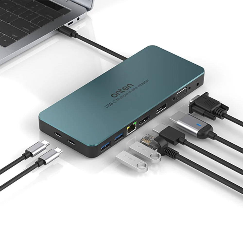 ONTEN 9188S 9 in 1 USB-C Hub Type-C to DP HD VGA 4K USB3.0 USB-C RJ45 3.5mm Docking Station - Green - 3