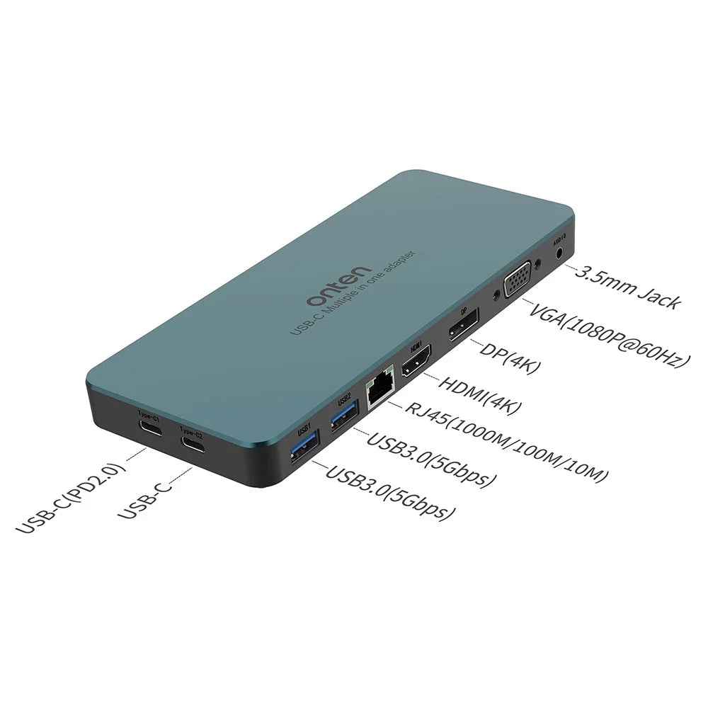 ONTEN 9188S 9 in 1 USB-C Hub Type-C to DP HD VGA 4K USB3.0 USB-C RJ45 3.5mm Docking Station - Green - 4