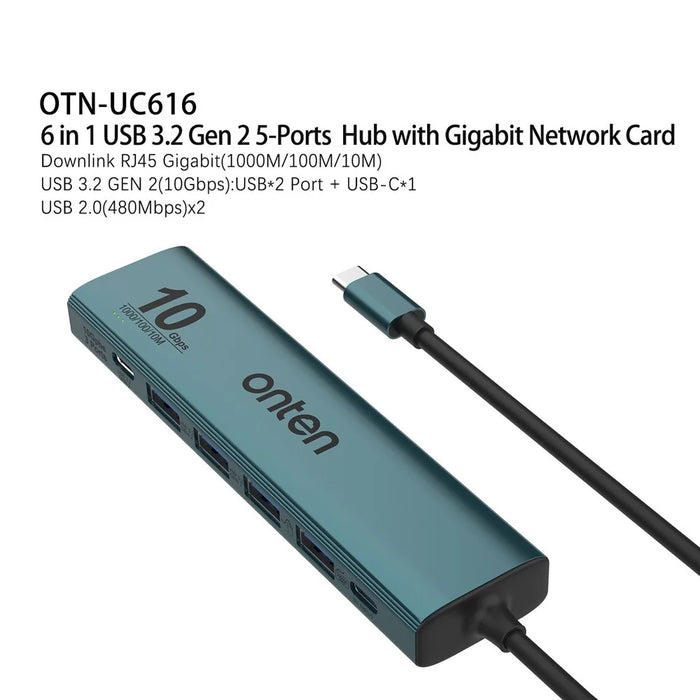 ONTEN UC616 USB-C to Gigabit Ethernet Adapter 3 USB3.2 Gen2 + 2 USB2.0 + USB-C Power Port Hub - 3