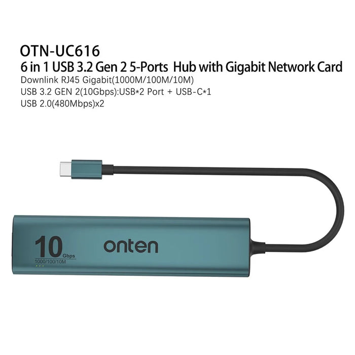 ONTEN UC616 USB-C to Gigabit Ethernet Adapter 3 USB3.2 Gen2 + 2 USB2.0 + USB-C Power Port Hub - 4