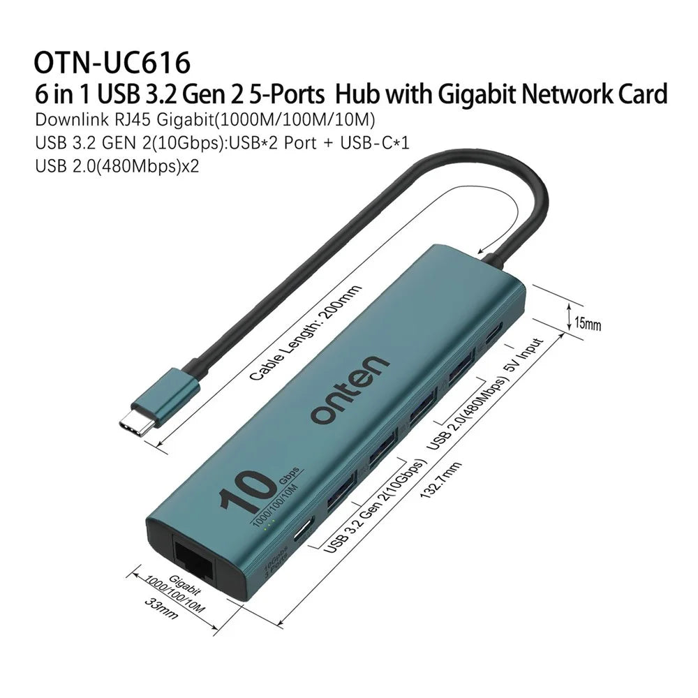 ONTEN UC616 USB-C to Gigabit Ethernet Adapter 3 USB3.2 Gen2 + 2 USB2.0 + USB-C Power Port Hub - 5