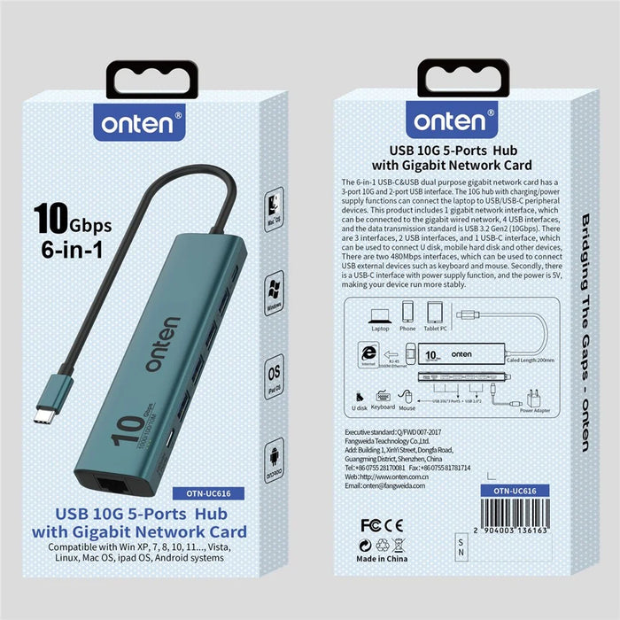 ONTEN UC616 USB-C to Gigabit Ethernet Adapter 3 USB3.2 Gen2 + 2 USB2.0 + USB-C Power Port Hub - 6