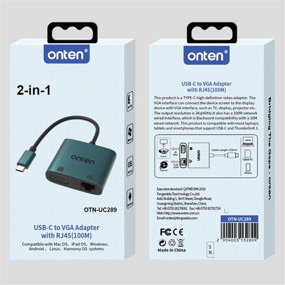ONTEN UC289 USB-C to VGA 2K 60Hz Video Converter with Ethernet Port for Laptops Tablets Smartphones - 6