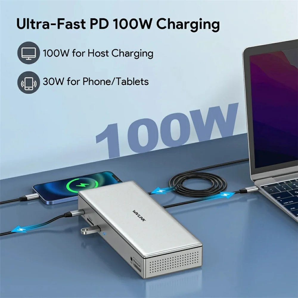 WAVLINK UG69PD12 4 Display Docking Station 4X HD 4X DP 2.5G Ethernet USB-A / USB-C SD / TF 4.0 Displaylink with PD 100W Adapter - UK Plug - 4