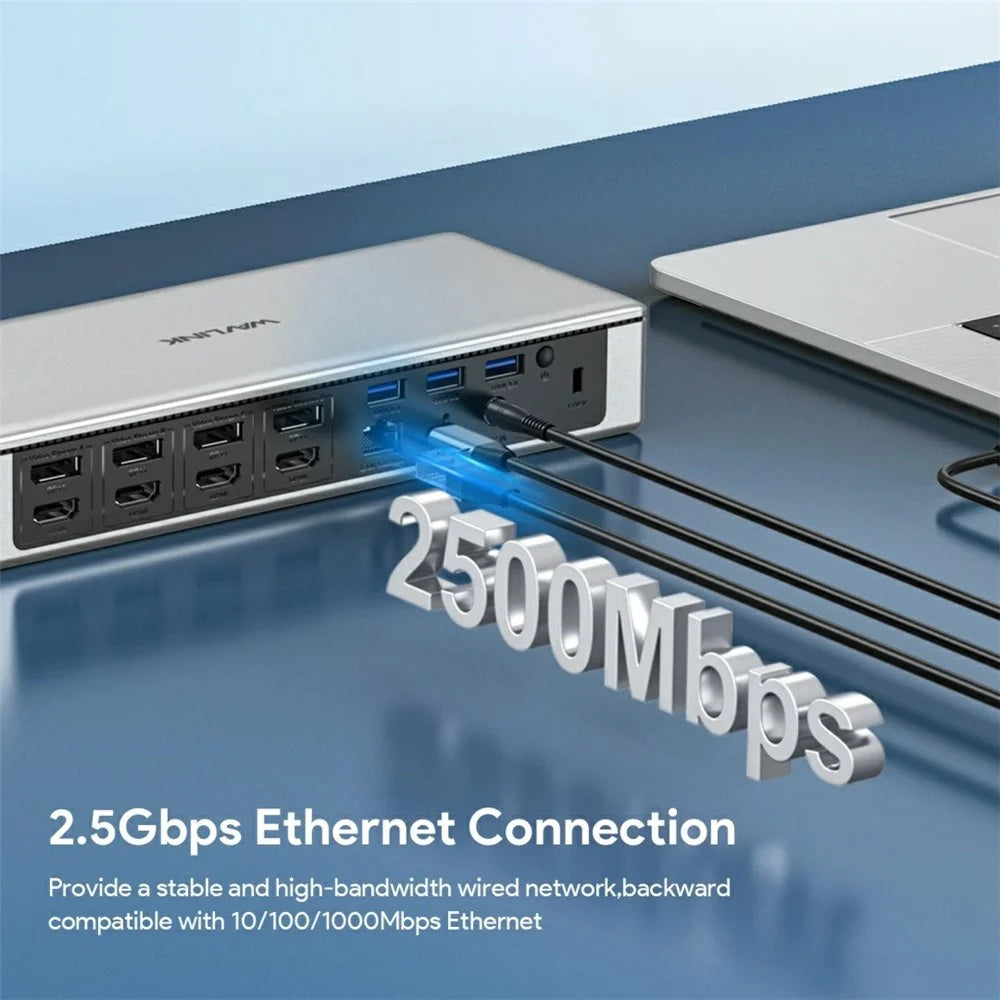 WAVLINK UG69PD12 4 Display Docking Station 4X HD 4X DP 2.5G Ethernet USB-A / USB-C SD / TF 4.0 Displaylink with PD 100W Adapter - UK Plug - 5