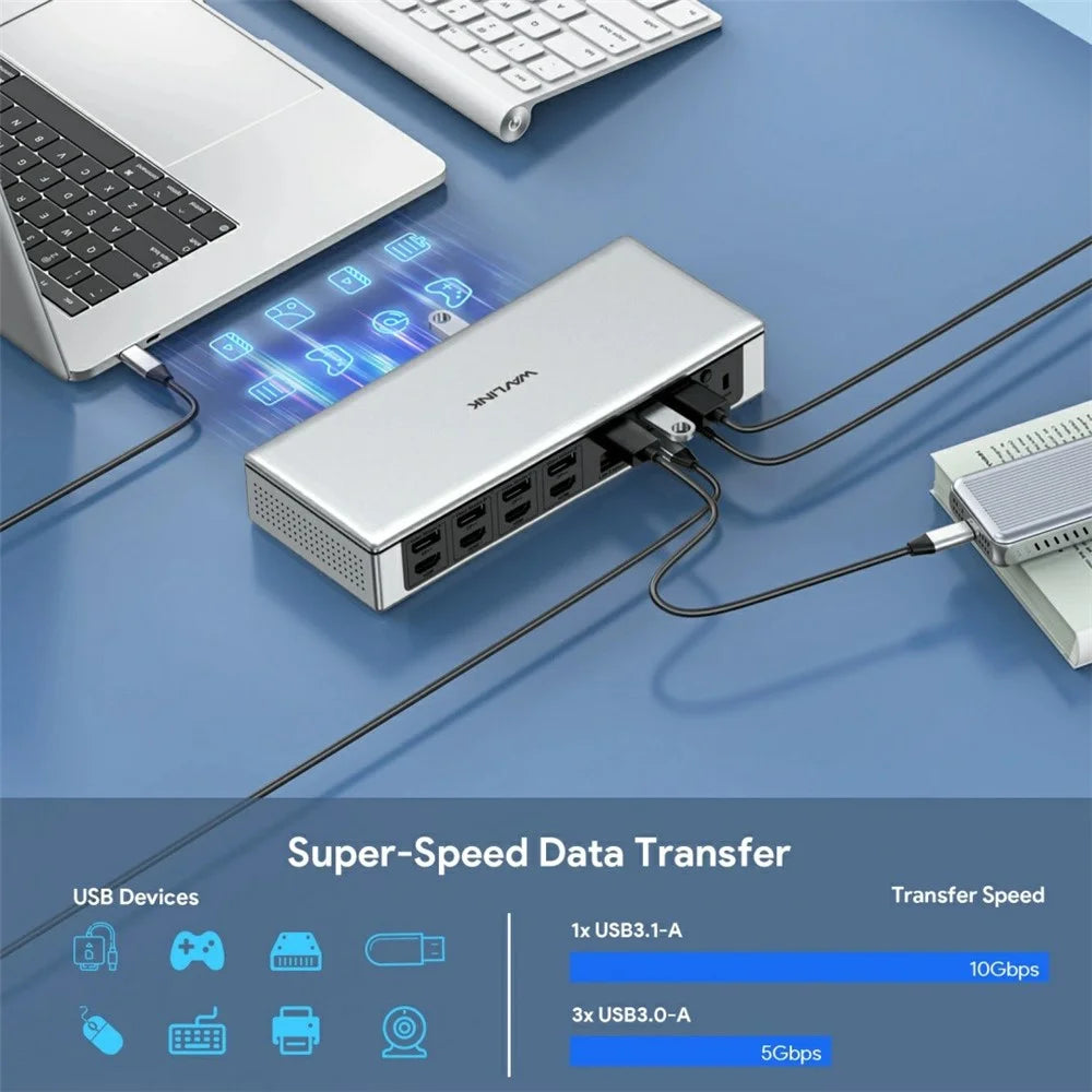 WAVLINK UG69PD12 4 Display Docking Station 4X HD 4X DP 2.5G Ethernet USB-A / USB-C SD / TF 4.0 Displaylink with PD 100W Adapter - UK Plug - 6