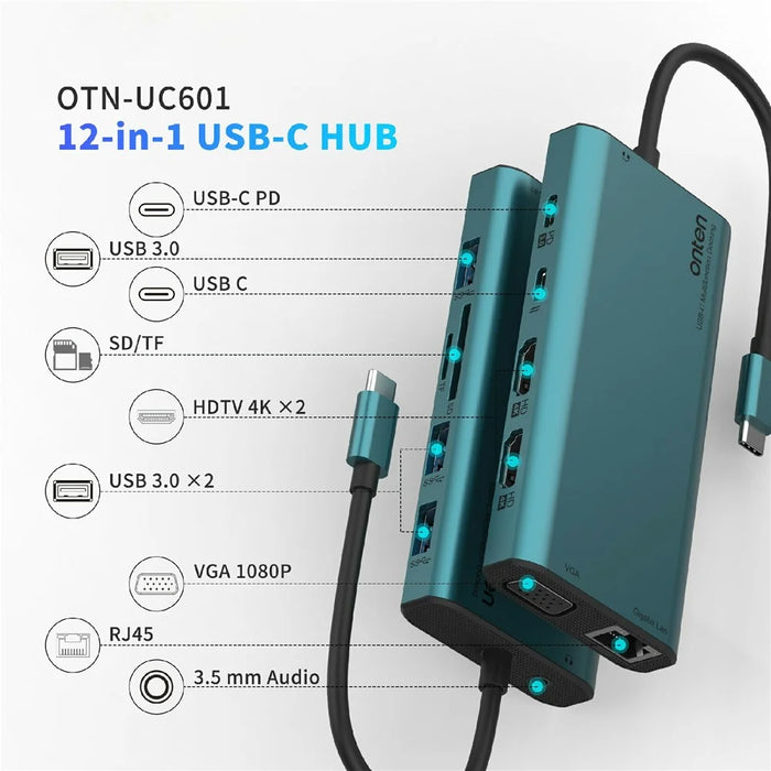 ONTEN UC601 USB 3.0 Hub Docking Station Gigabit Ethernet RJ45  /  Dual HD 4K  /  Type-C Multifunction Adapter - Green - 3