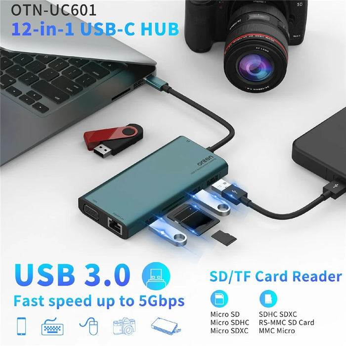 ONTEN UC601 USB 3.0 Hub Docking Station Gigabit Ethernet RJ45  /  Dual HD 4K  /  Type-C Multifunction Adapter - Green - 4