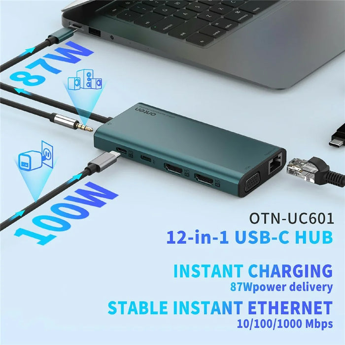 ONTEN UC601 USB 3.0 Hub Docking Station Gigabit Ethernet RJ45  /  Dual HD 4K  /  Type-C Multifunction Adapter - Green - 5