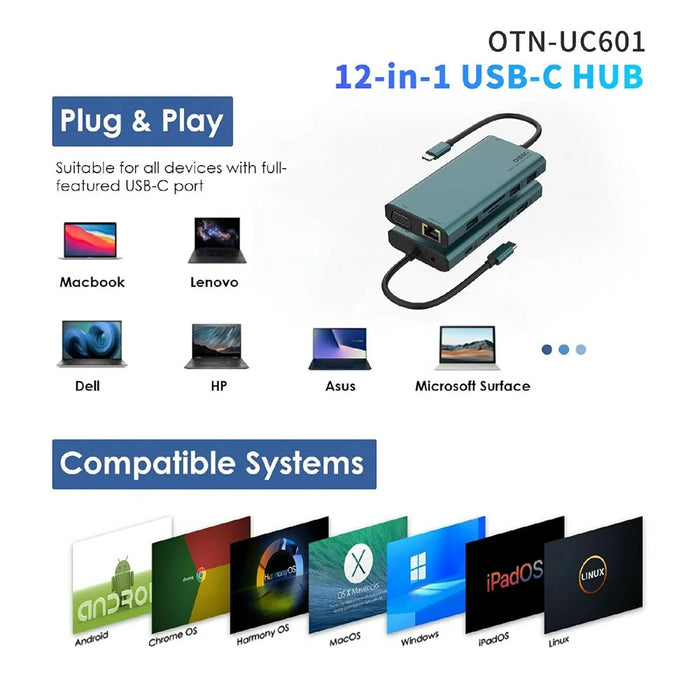 ONTEN UC601 USB 3.0 Hub Docking Station Gigabit Ethernet RJ45  /  Dual HD 4K  /  Type-C Multifunction Adapter - Green - 7