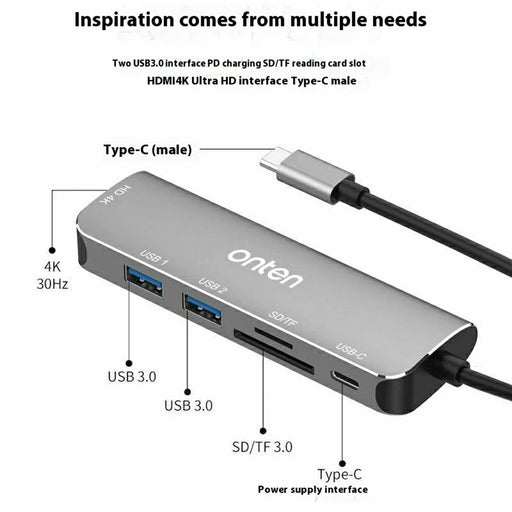ONTEN 95116 6 in 1 Hub Type-C to HD + 2 USB-A 3.0 + USB-C + SD / TF Card Reader Docking Station - 2