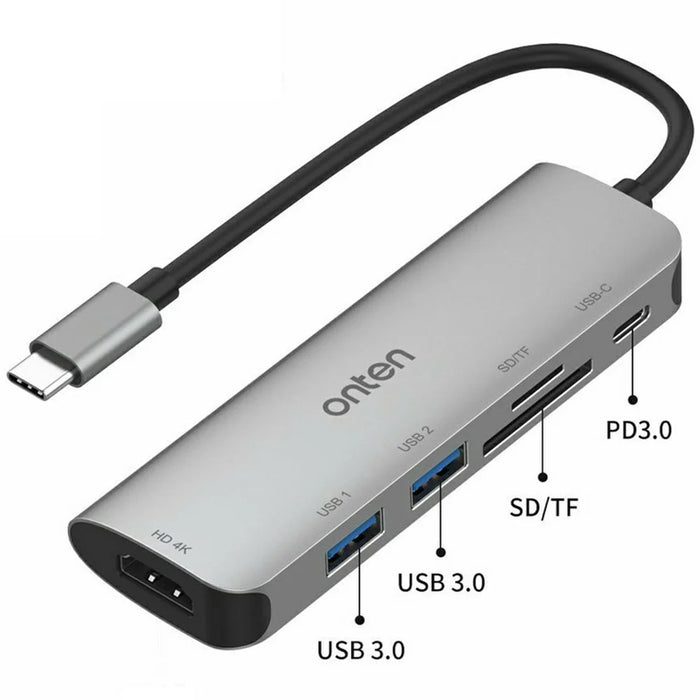 ONTEN 95116D Type-C 6 in 1 Hub Docking Station 4K HD USB3.0 USB2.0 PD3.0 TF SD Card Reader Adapter - 2
