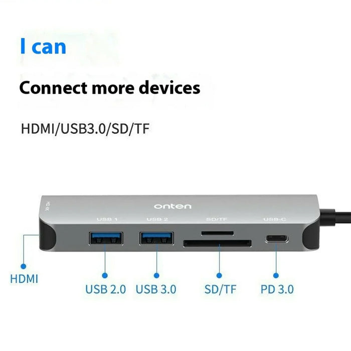 ONTEN 95116D Type-C 6 in 1 Hub Docking Station 4K HD USB3.0 USB2.0 PD3.0 TF SD Card Reader Adapter - 4