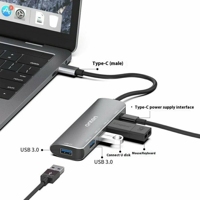 ONTEN 95116S Type-C to 4 x USB3.0 + PD3.0 Adapter Aluminum Alloy USB Hub Splitter - 3