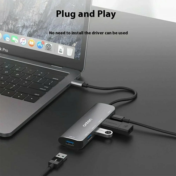 ONTEN 95116S Type-C to 4 x USB3.0 + PD3.0 Adapter Aluminum Alloy USB Hub Splitter - 4