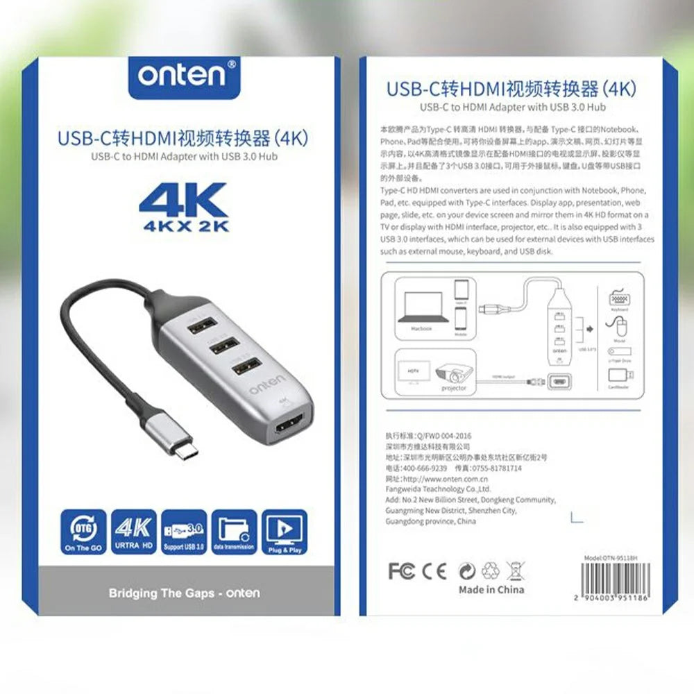 ONTEN 95118H 4 in 1 USB-C Hub 3 x USB3.0 + HD 4K Adapter Expansion Dock for Laptop Tablet Phone - 7