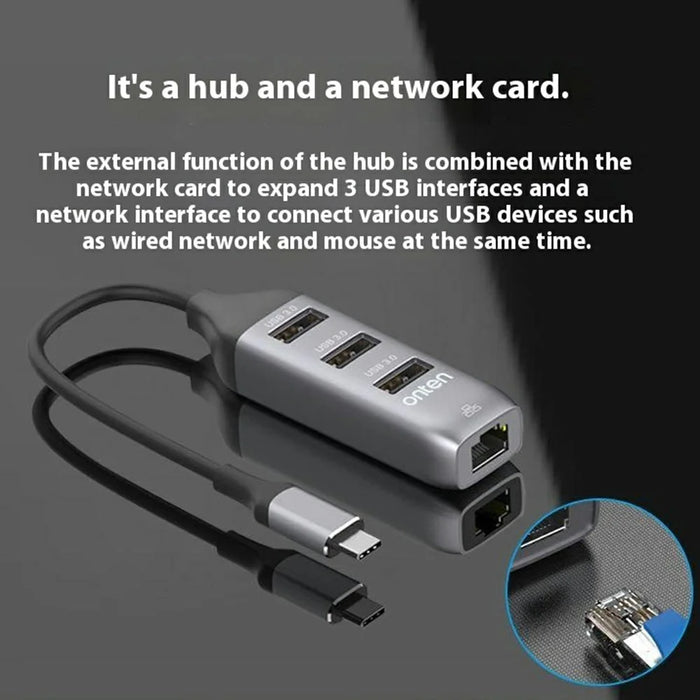ONTEN 95118R Type-C to RJ45 Gigabit Ethernet Port + 3 x USB3.0 Hub 1000M Network Adapter - 3