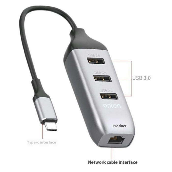 ONTEN 95118R Type-C to RJ45 Gigabit Ethernet Port + 3 x USB3.0 Hub 1000M Network Adapter - 7