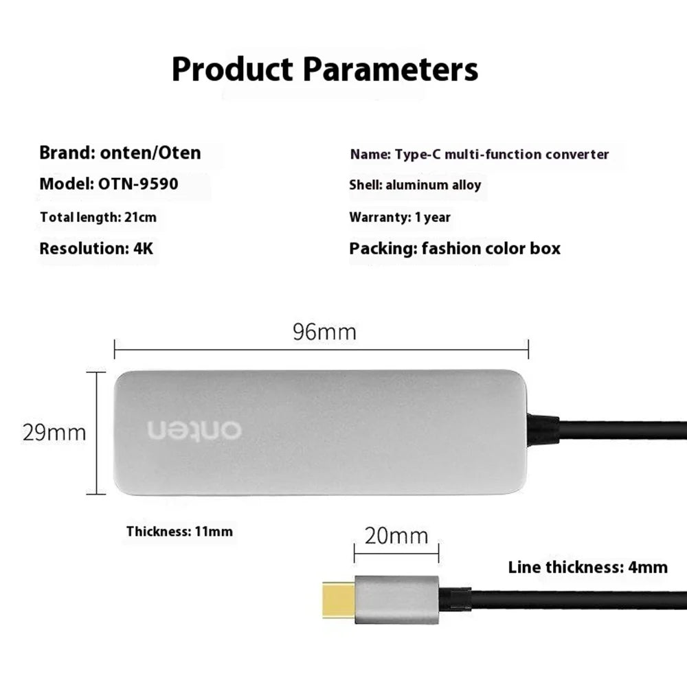 ONTEN OTN-9590 Multifunction Type-C Hub 4K 30Hz HD 2xUSB3.0 PD3.0 Charging Adapter - 7