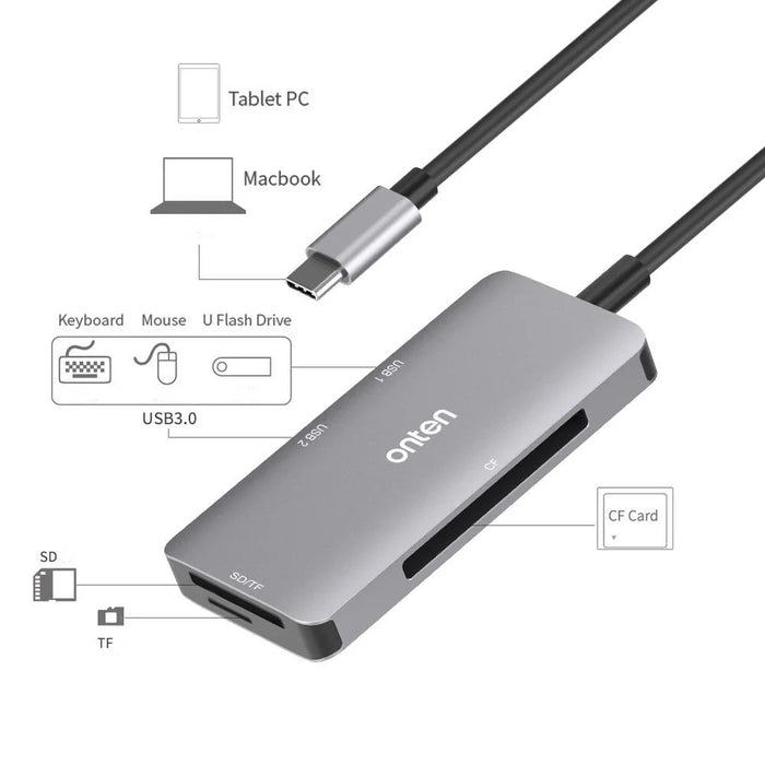 ONTEN OTN-91182 Type-C to 2 x USB3.0 + SD / TF 3.0 + CF 3.0 Multifunctional Camera Card Reader USB3.0 Hub - 4