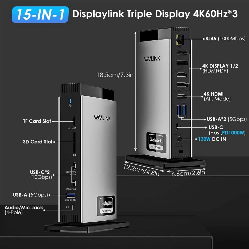 WAVLINK WL-UG69PD13Pro For MacBook M1 M2 M3 / Windows 15 in 1 Laptop Docking Station 3 HD USB C Displaylink Hub - EU Plug - 2
