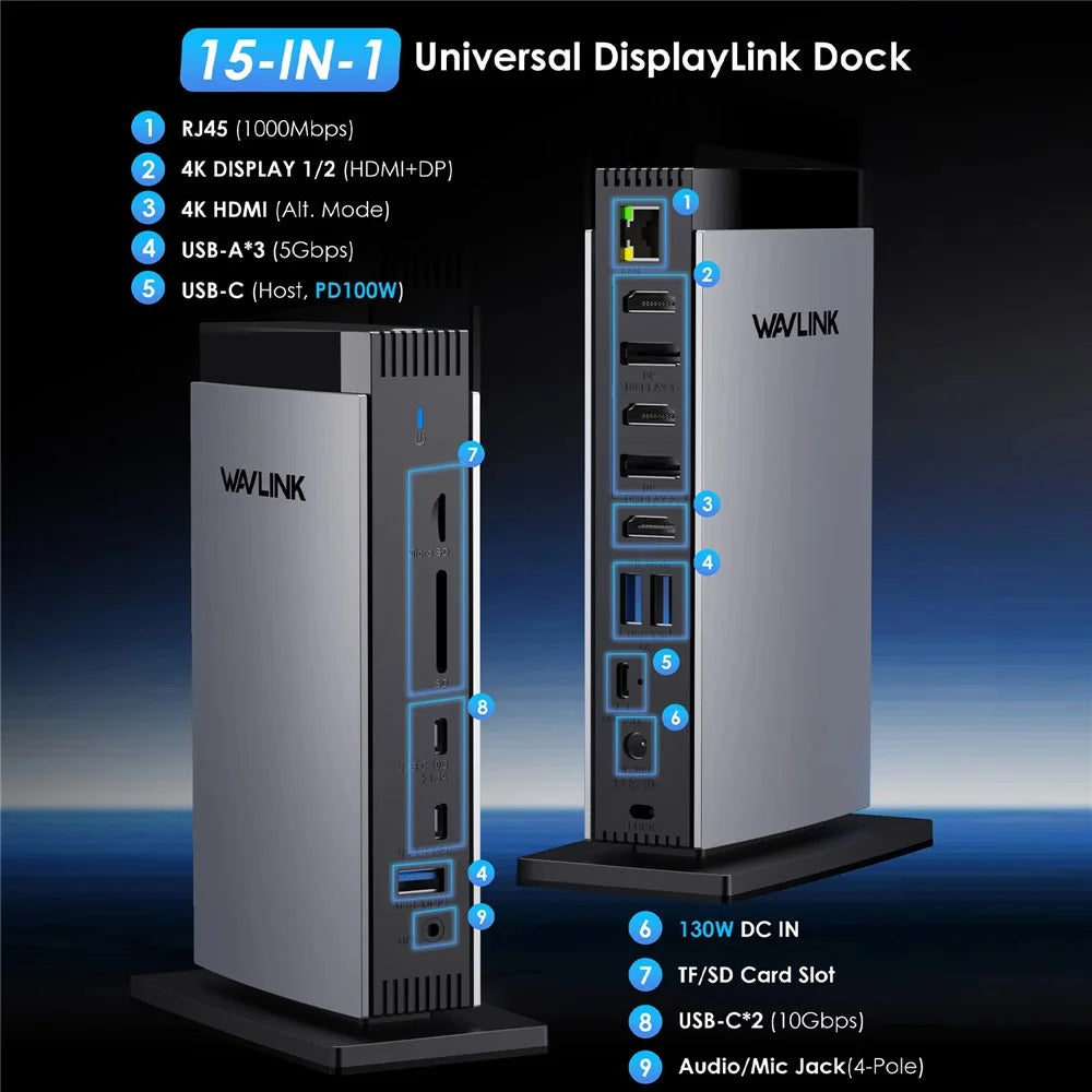 WAVLINK WL-UG69PD13Pro For MacBook M1 M2 M3 / Windows 15 in 1 Laptop Docking Station 3 HD USB C Displaylink Hub - EU Plug - 3
