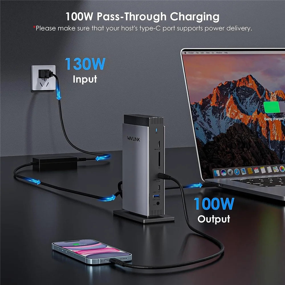 WAVLINK WL-UG69PD13Pro For MacBook M1 M2 M3 / Windows 15 in 1 Laptop Docking Station 3 HD USB C Displaylink Hub - EU Plug - 6