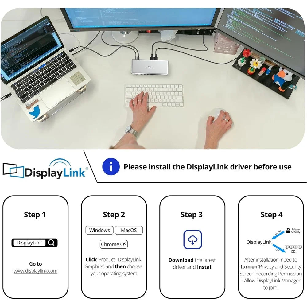 WAVLINK WL-UG75PD1-DH2 USB-C Displaylink DL7400 Docking Station Support Quad Display for MacBook M1 M2 M3 / Windows 10 / 11 - EU Plug - 7
