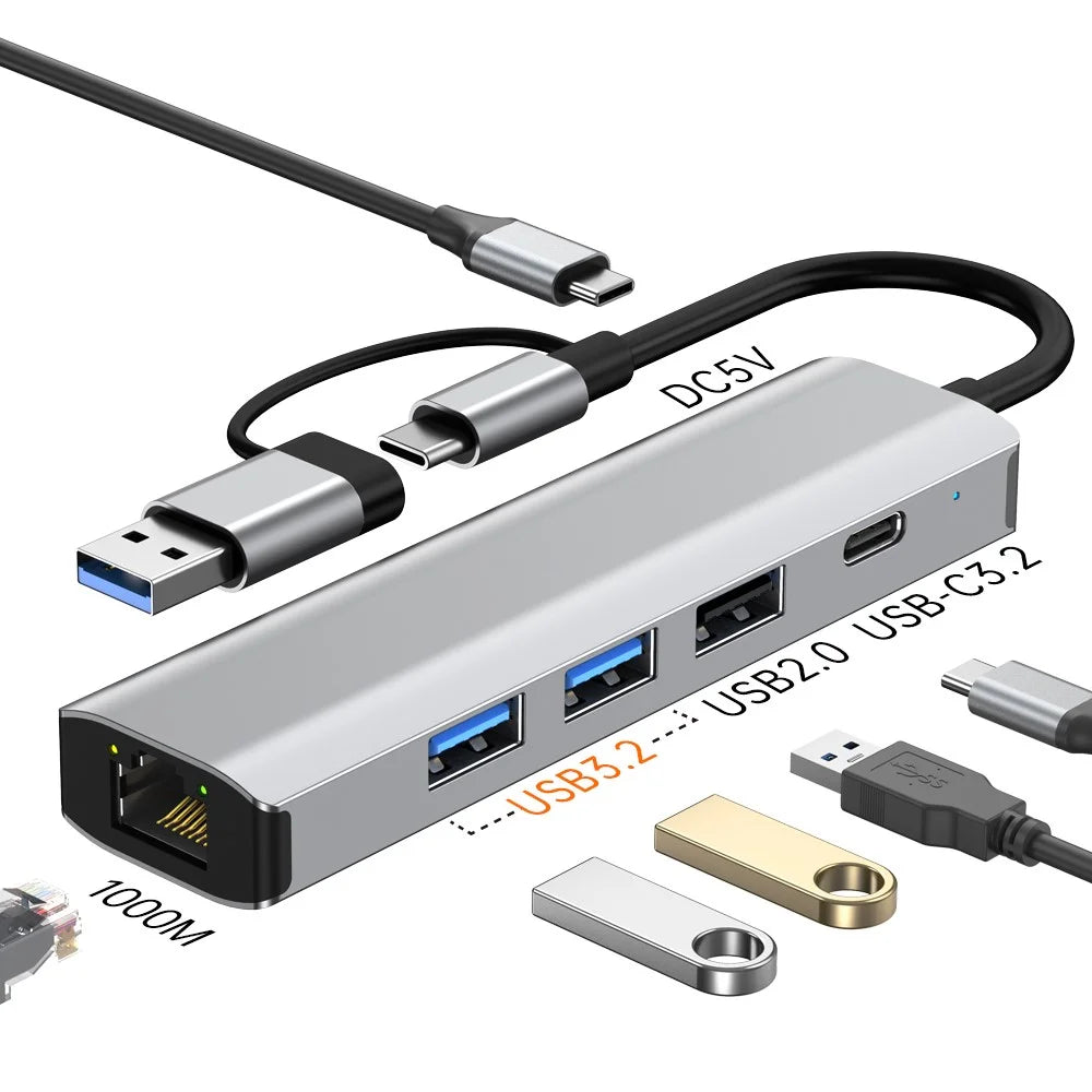 2501 USB-C / USB to Ethernet Adapter RJ45 Gigabit Network Card with USB3.2 USB2.0 USB-C3.2 DC5V Ports Converter - 2