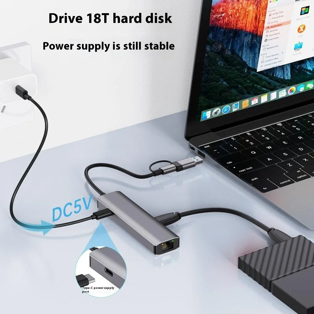 2501 USB-C / USB to Ethernet Adapter RJ45 Gigabit Network Card with USB3.2 USB2.0 USB-C3.2 DC5V Ports Converter - 6